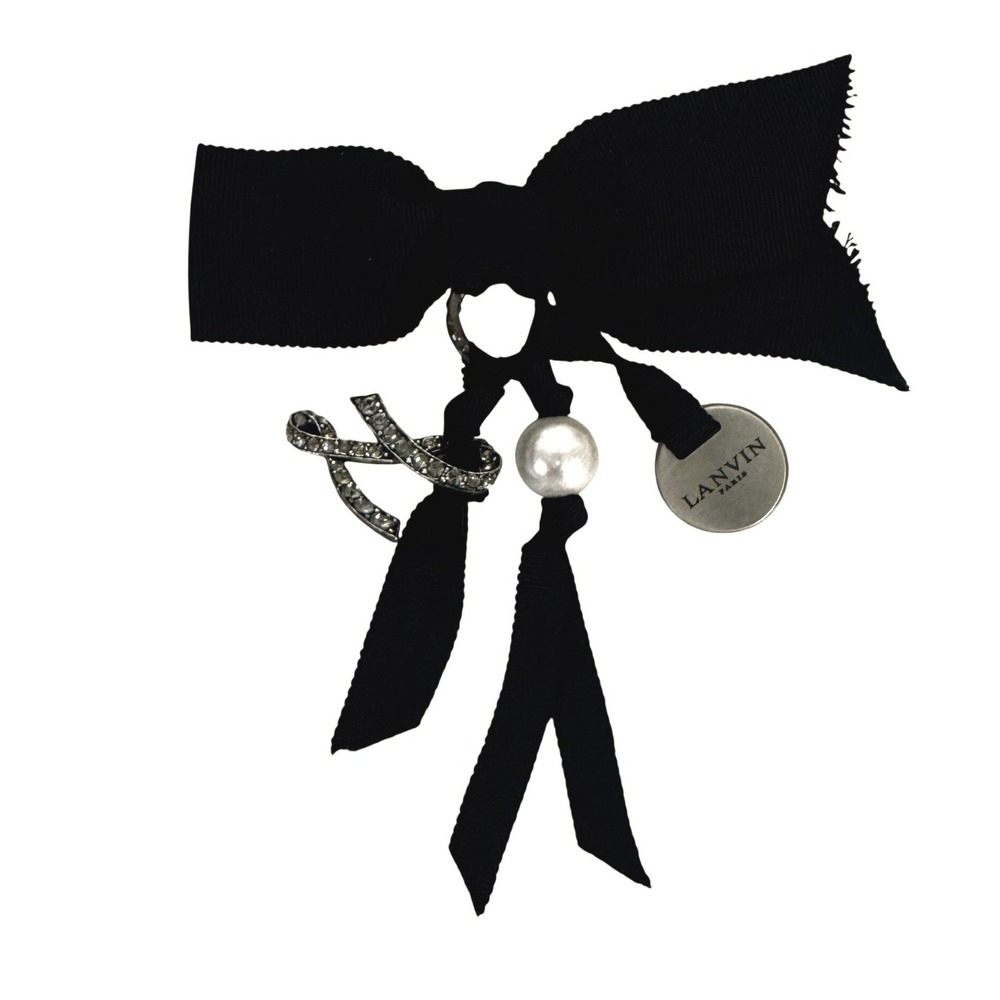 LANVIN Hiver Vintage Charm with Black Grosgrain Ribbon, Pearl  & Crystal L Motif
